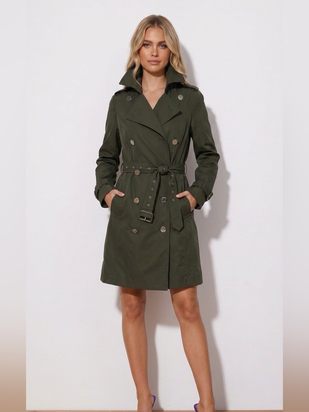 Michael Kors Olive Green Double-Breasted Trench Coat with Belt